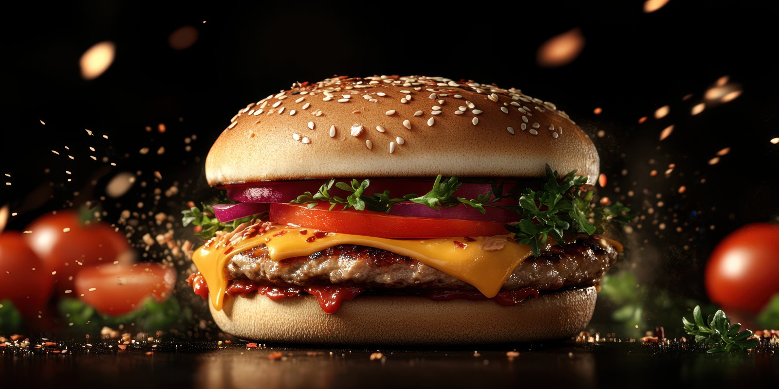 Juicy cheeseburger with fresh toppings and sesame seed bun captured in dramatic lighting